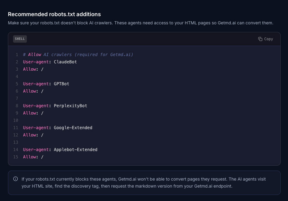 Getmd.ai robots.txt recommendations with allow lines for ClaudeBot, GPTBot, PerplexityBot, Google-Extended, and Applebot-Extended