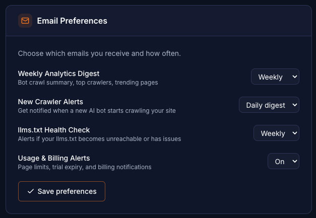 Getmd.ai email preferences card with weekly digest, crawler alerts, health check, and usage alerts
