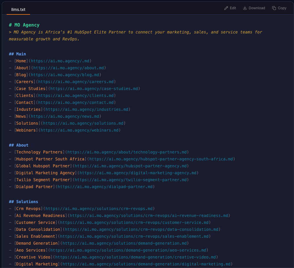 Getmd.ai llms.txt editor showing structured sections and linked markdown pages