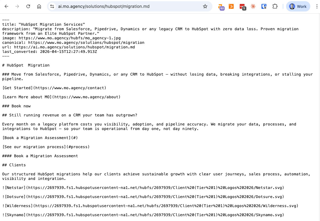 Browser address bar showing a .md endpoint on ai.mo.agency with the rendered markdown below