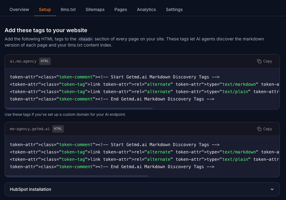 Getmd.ai setup screen generating HTML discovery tags for a connected site