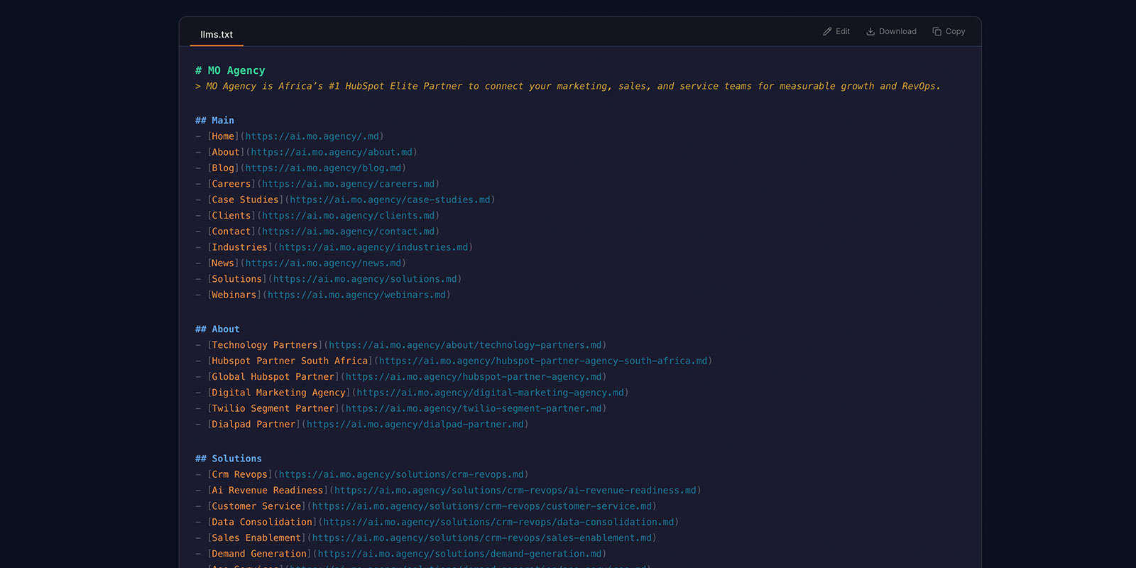 Getmd llms.txt editor showing structured sections and linked markdown pages